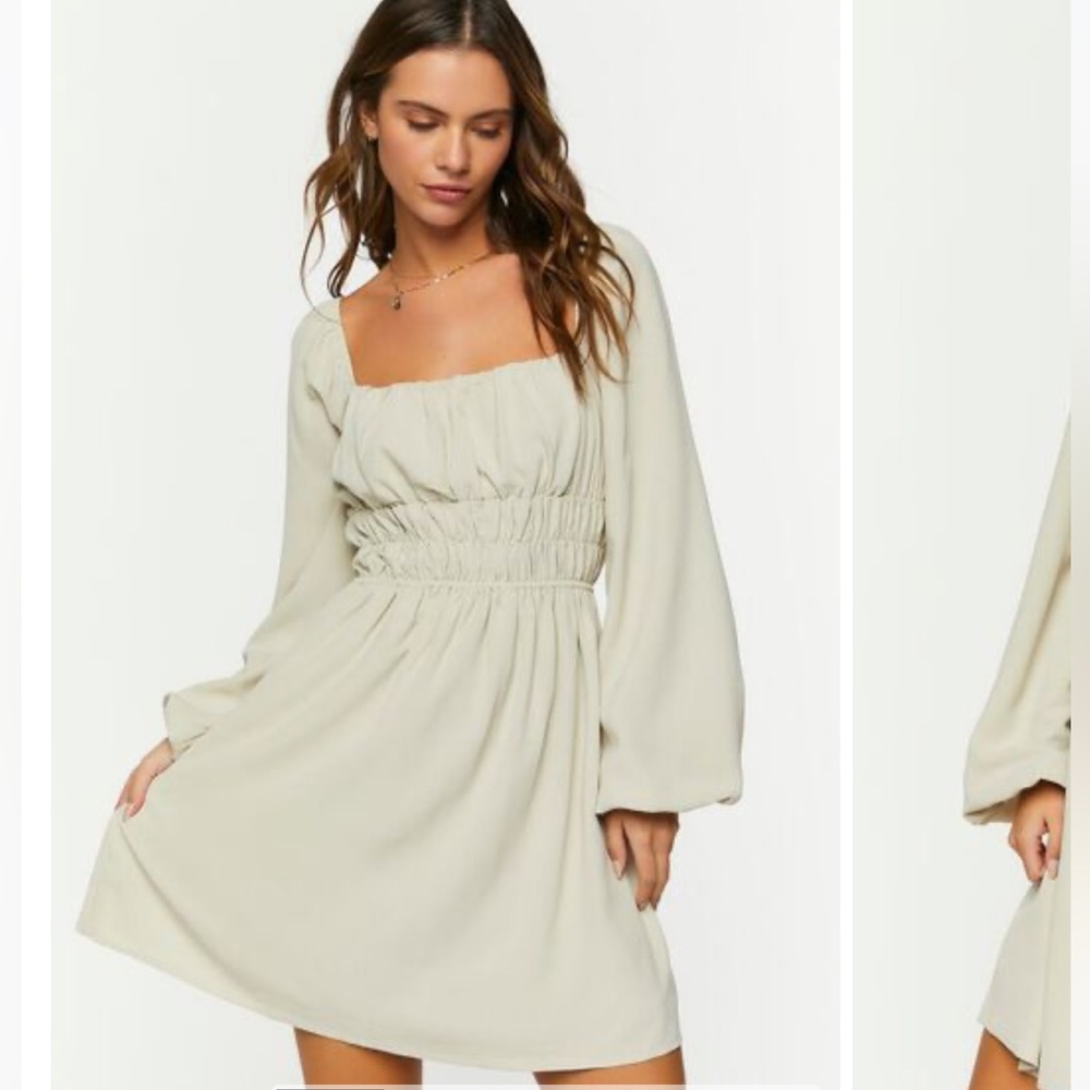 Smocked Peasant-Sleeve Mini Dress